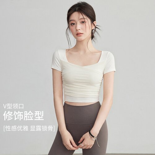 2026新款瑜伽服短袖带胸垫普拉提训练T恤跑步运动上衣健身套装女