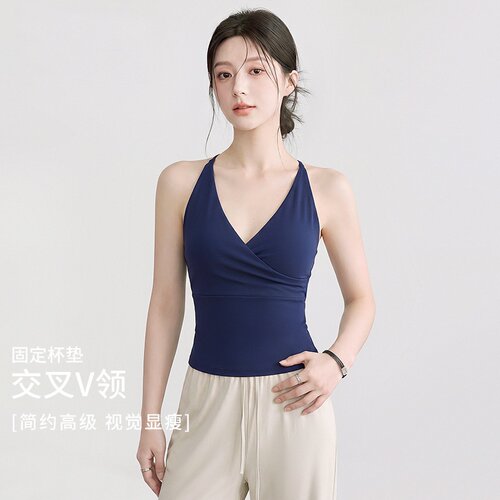瑜伽背心女普拉提健身运动挂脖式v领带胸垫运动内衣瑜伽服女批发