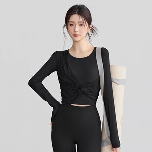 瑜伽服套装女高级感新款网纱假两件普拉提训练运动上衣健身服长袖