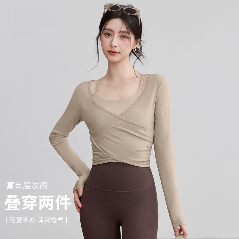 网纱瑜伽服套装女带胸垫运动上衣长袖显瘦罩衫普拉提训练健身短袖