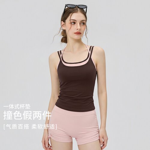 假俩件瑜伽背心女夏季新款挂脖式双肩带细肩带瑜伽内衣套装女