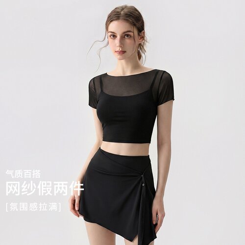 瑜伽服女夏季新款网纱透气一体杯假两件运动健身普拉提短袖健身服