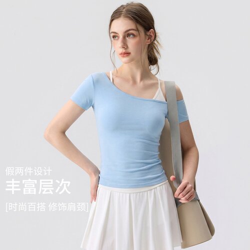 瑜伽服女上衣带胸垫假两件2026新款普拉提训练运动短袖女健身套装