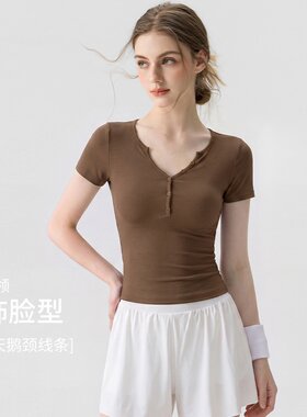 瑜伽服短袖夏薄款修身T恤亨利V领跑步健身套装普拉提训练运动上衣