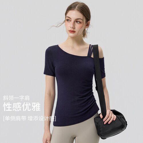 新款瑜伽服短袖带胸垫斜肩一字领运动上衣普拉提训练跑步健身套装