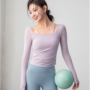 瑜伽服上衣带胸垫网纱绝美纯欲秋冬普拉提训练服运动健身服长袖女