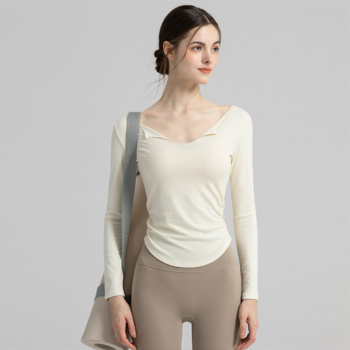 瑜伽服女2025新款长袖带胸垫V领运动T恤速干修身普拉提健身服上衣