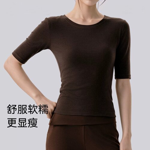 新款瑜伽中袖女t恤圆领短款修身运动五分袖普拉提半袖健身服上衣