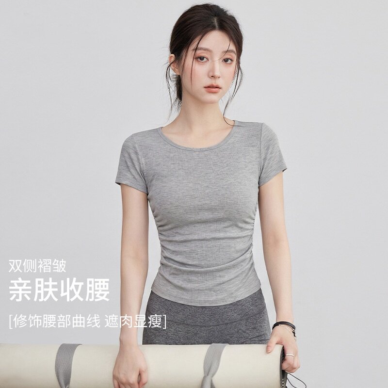 新款瑜伽服短袖运动t恤圆领螺纹修身显瘦骑行跑步速干健身服套装