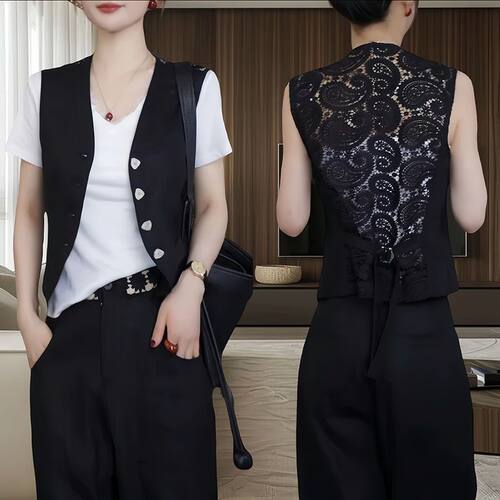 小香风后背镂空无袖马甲纯色短袖拼接宽松网红修身百搭气质潮流女