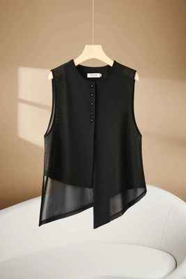 9688网纱夏季马甲女短款夏潮夏款百搭显瘦不对称外搭薄款坎肩马夹