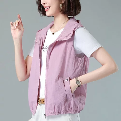 2026春夏新款薄款连帽防晒马甲女款中年妈妈时髦洋气背心马夹外套