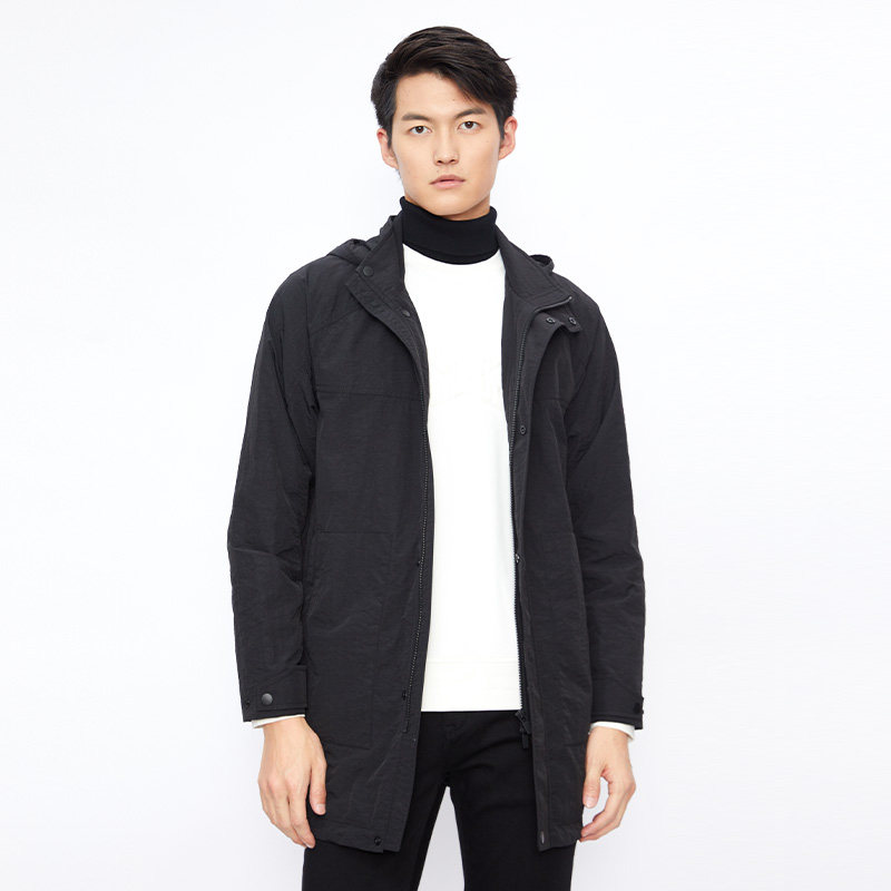 九牧王秋冬黑色连帽风衣夹克外套派克hk1b40127