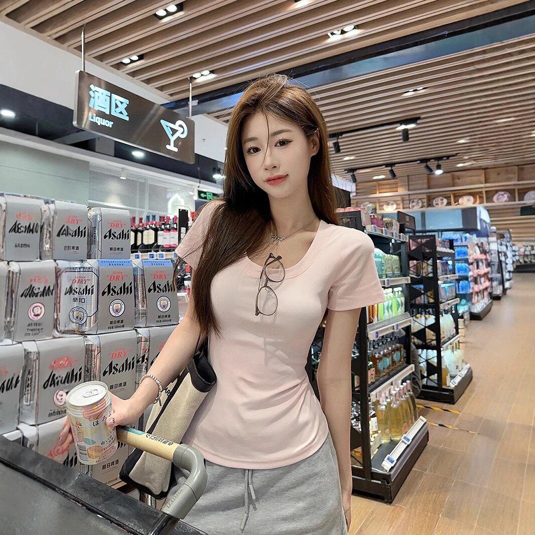 百搭U领正肩短袖T恤女装2026夏季新款修身显瘦纯色简约基础款