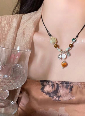 新中式国风禅意复古陶瓷项链女招财纳福小众设计感手工编织锁骨链