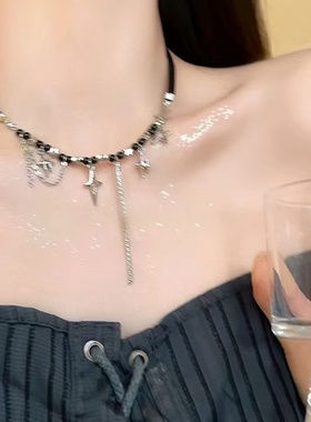 甜酷流苏星星皮革项链女y2k千禧辣妹风锁骨链秋冬 choker项圈配饰