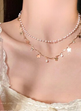 纯欲仙女~轻奢双层叠戴蝴蝶珍珠项链女小众设计高级感气质锁骨链