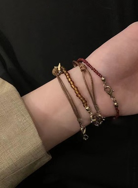 复古美拉德编织绳串珠手链女夏小香风咖色做旧多层叠戴高级感手饰