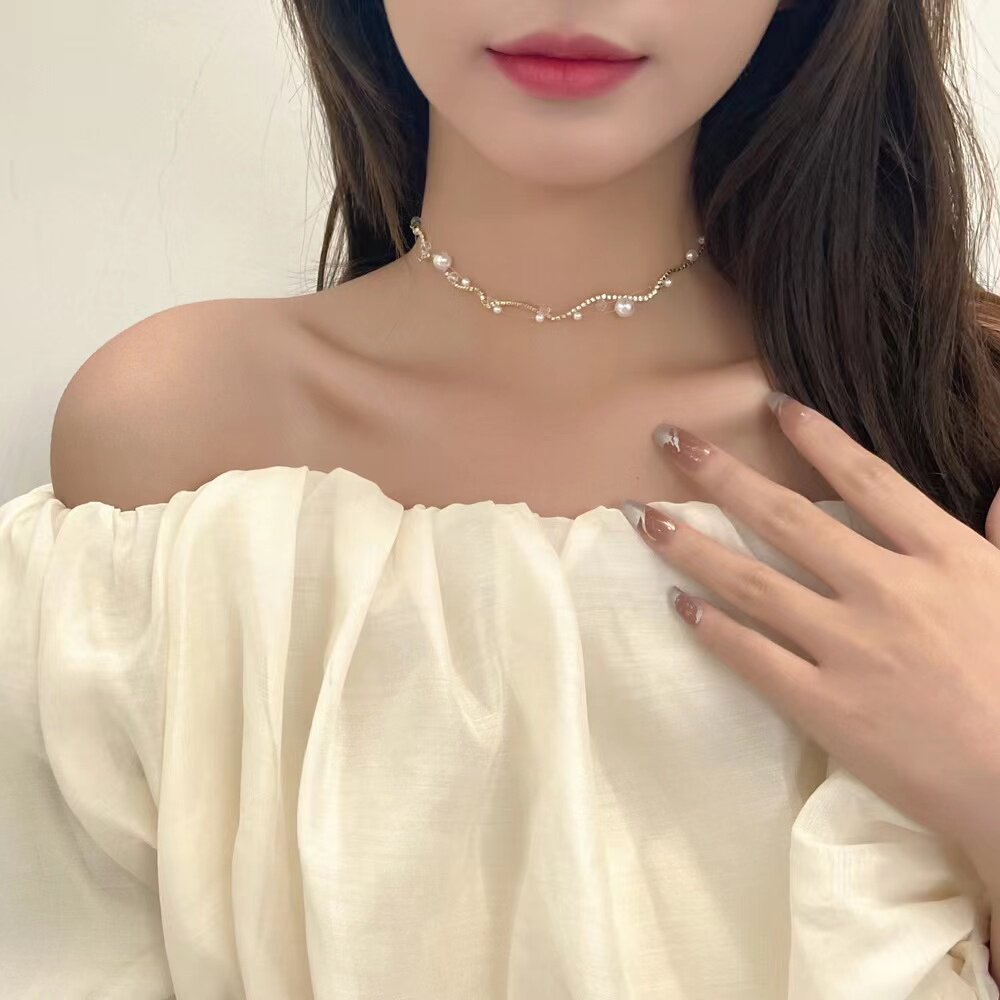 法式双层轻奢小众碎银金子珍珠项链女短款高级感精致甜美锁骨颈链