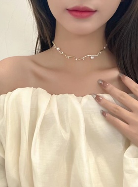 碎银子珍珠项链女双层短款