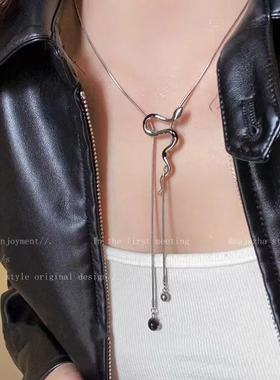 冷淡风抽拉银色蛇形项链女本命年轻奢小众高级感长款毛衣链配饰品