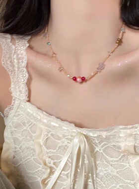 没饰找饰！ 彩色天然石串珠项链女2024新款小众设计感复古锁骨链