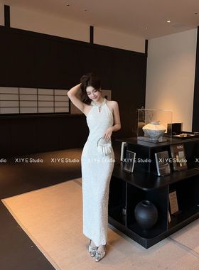 法式气质设计感镶钻生日礼服长裙子女秋冬新款亮片轻奢挂脖连衣裙