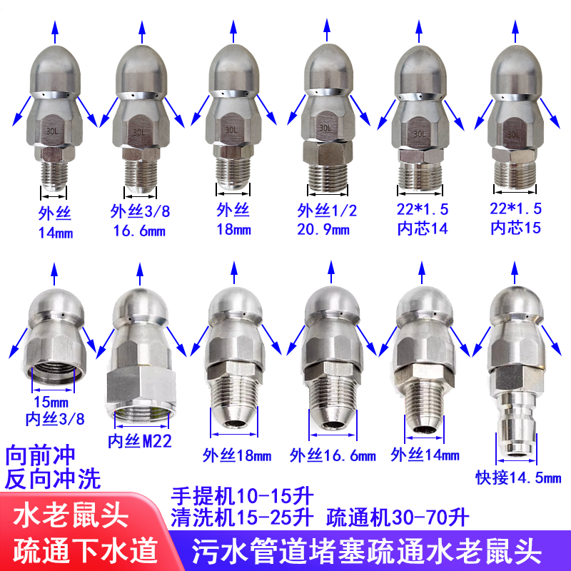 水老鼠疏通器喷头高压洗车机通管道厨房卫生间物业市政排水沟疏通