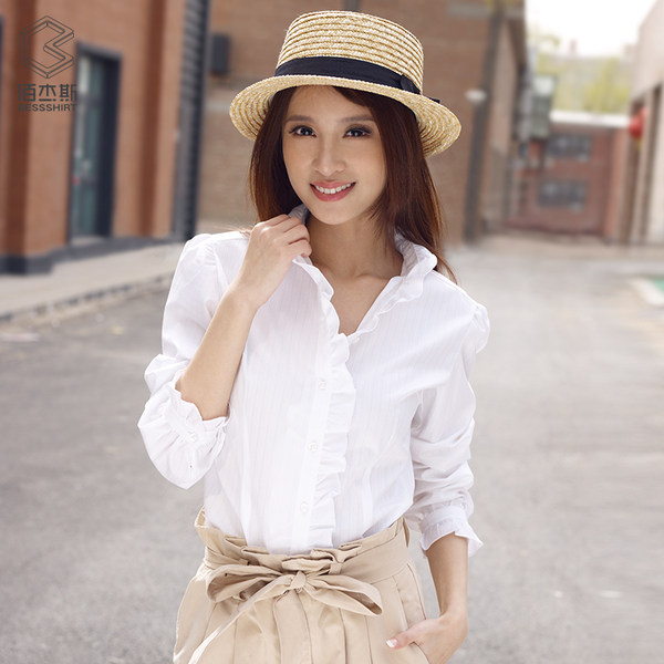 CK制造商 鲁泰 佰杰斯 纯棉修身花边领 女式休闲长袖衬衫 天猫优惠券折后￥68包邮（￥118-50）3色可选