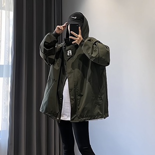 休闲学生春秋短外套 连帽百搭潮流大码 风衣女中长款 风衣宽松韩版