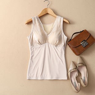 一体式秋冬桑蚕丝背心免穿文胸保暖 修身加绒V领内搭打底女士内衣