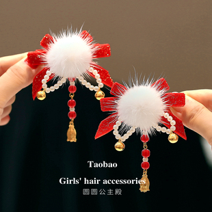 古风汉服红色蝴蝶结新年宝宝发饰女童铃兰发夹小女孩唐装旗袍头饰