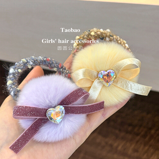 獭兔毛绒柔软儿童马尾发圈丸子头蝴蝶结可爱心水钻小女孩头绳皮筋