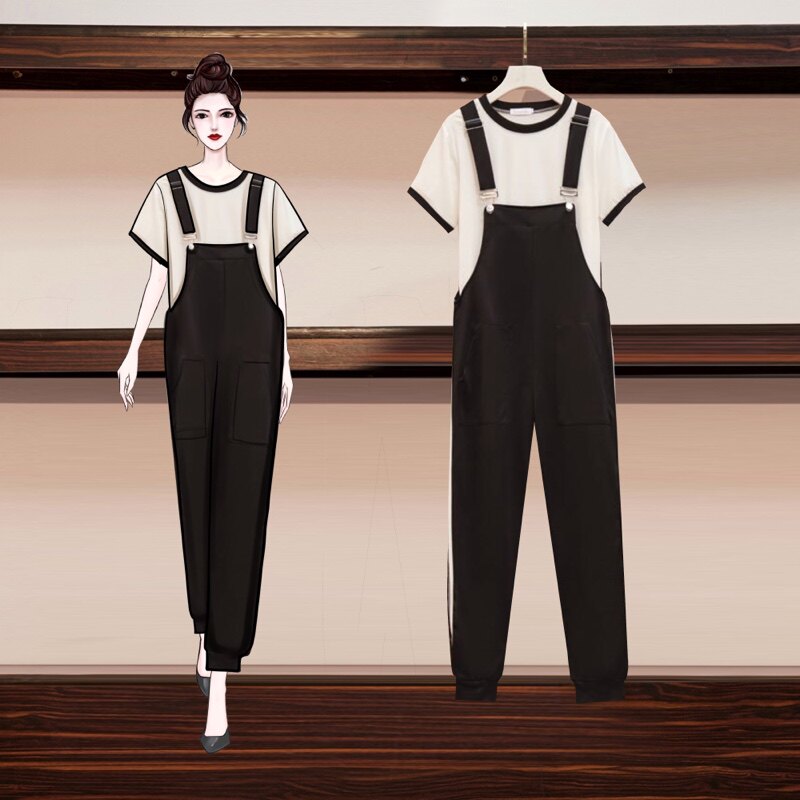 200斤特大码孕妇背带裤夏天产检套装宽松连体裤薄款两件套九分裤