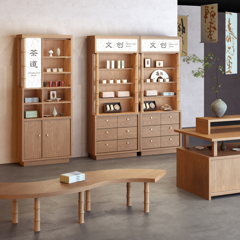 文创店茶店展示柜靠墙背景柜书店毛笔文房陈列架旅游商品货架定制