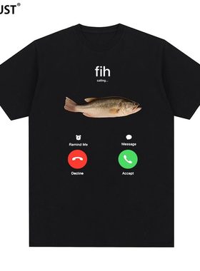 Fih创意鱼短袖T恤手机通话印花Fish Funny欧美趣味英文字母男女潮