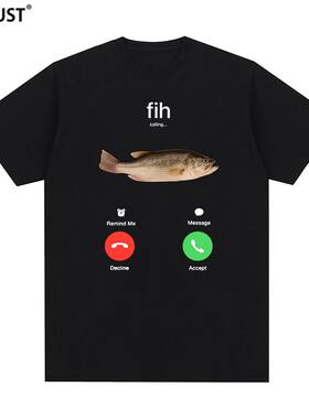 Fih创意鱼短袖T恤手机通话印花Fish Funny欧美趣味英文字母男女潮