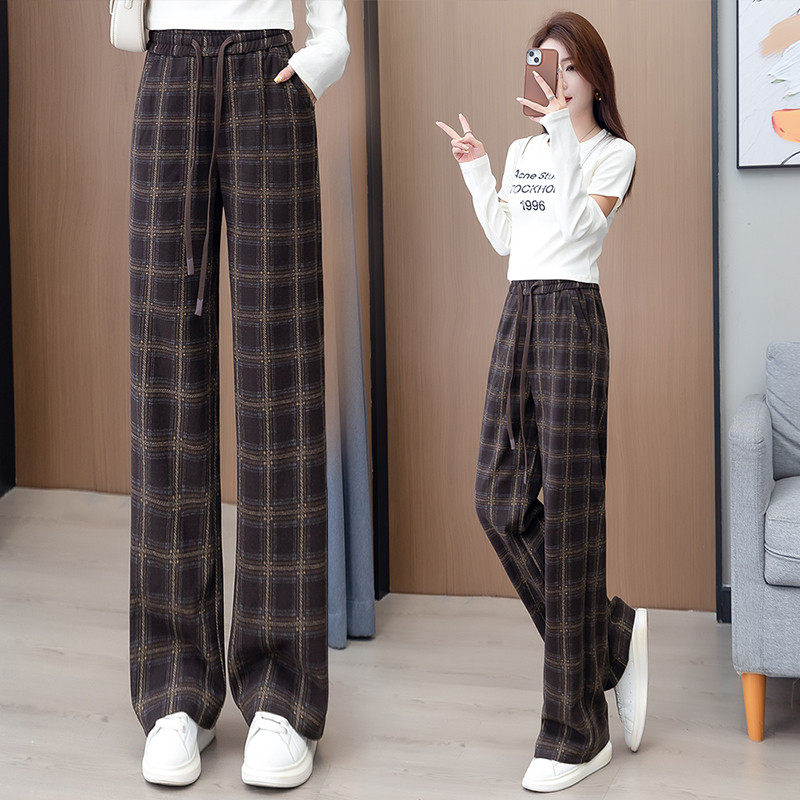 松紧腰格子休闲阔腿裤少女春秋新款初中高中学生宽松显瘦直筒裤子