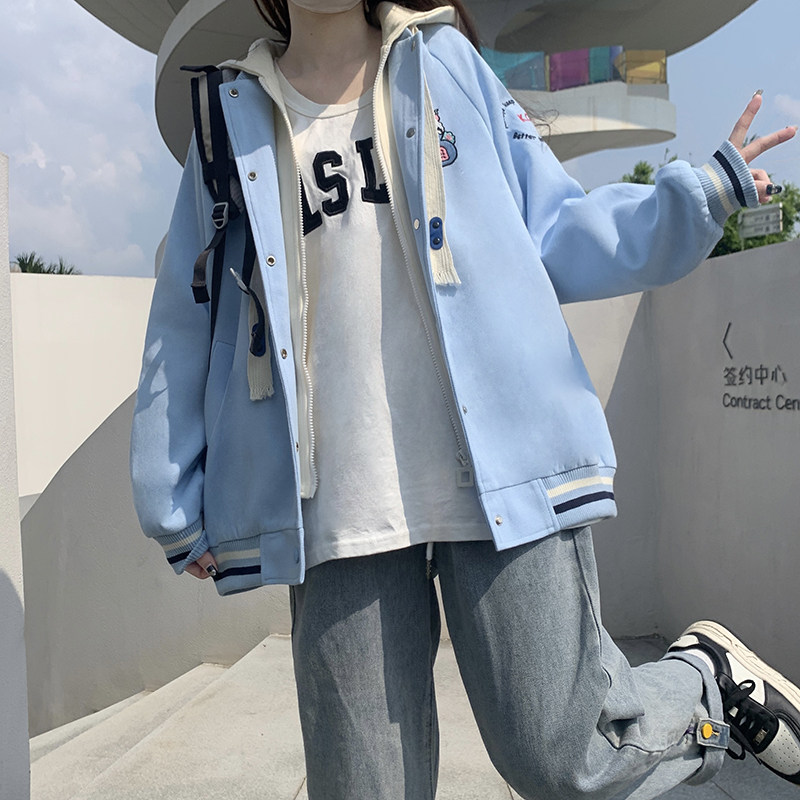 连帽休闲外套少女春秋装假两件套休闲上衣初中高中学生开衫棒球服