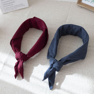 亚麻棉格纹方巾蓝色清新纯棉麻头巾复古方巾男士小围巾格子丝巾女