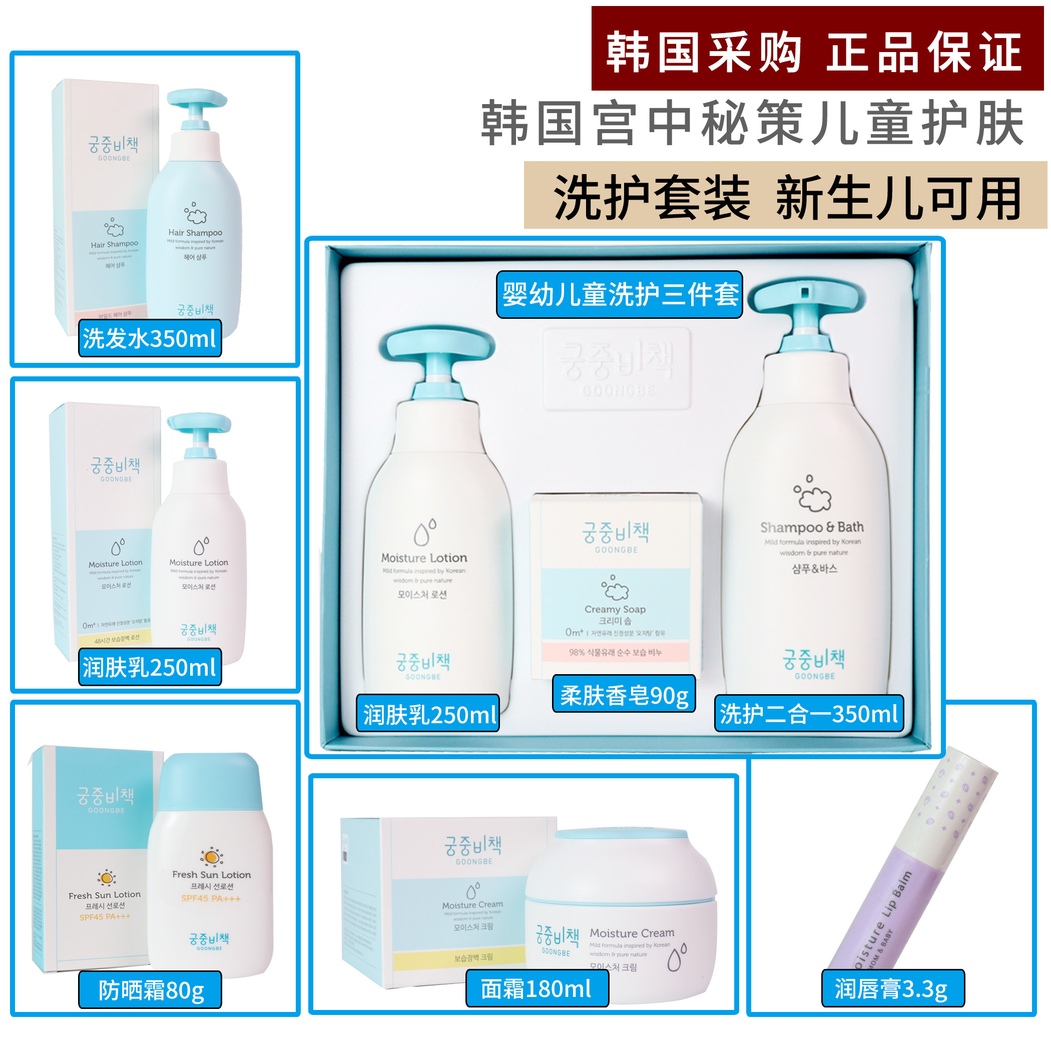 GOONGBE宫中秘策 润肤乳婴幼儿童宝宝洗发水沐浴露套盒面霜润唇膏
