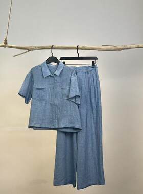 复古衬衫阔腿裤两件套女夏季时尚休闲套装松弛丹宁风