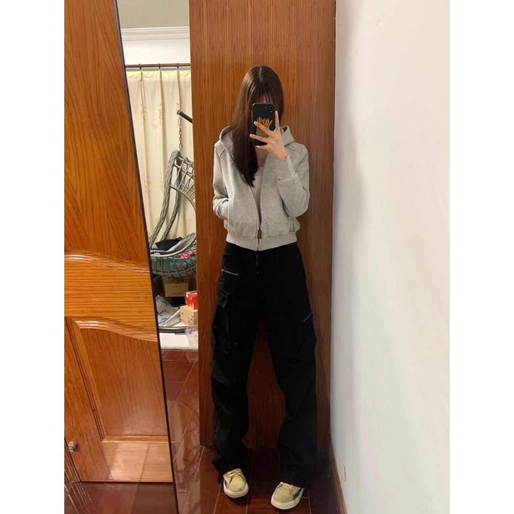 小个子加绒连帽拉链卫衣长袖美式