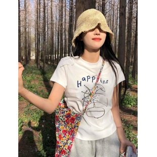 显瘦小个子圆领上衣 韩系白色印花正肩短袖 t恤女2025新款 夏季 修身
