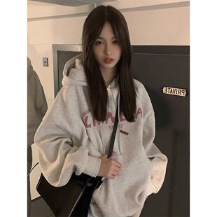 美式白灰色连帽卫衣女款秋冬2026新款爆款小个子宽松薄款外套上衣