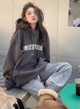 美式复古深灰色卫衣女秋冬oversize宽松bf慵懒风连帽加绒加厚外套