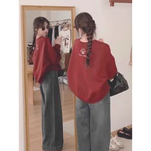 红色圆领印花卫衣女小个子设计感宽松小众无帽落肩上衣 2025秋冬季