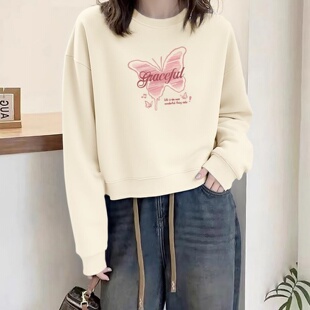 杏色圆领短款卫衣女款2026秋冬季新款小个子韩版宽松休闲加绒上衣