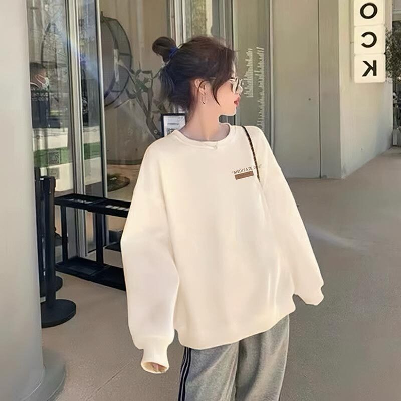 杏色薄款圆领卫衣女春秋季2026年新款韩版宽松加绒无帽洋气上衣服