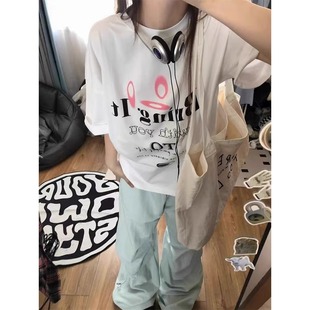 上衣 美式 复古纯棉短袖 t恤女夏季 宽松学生设计感小众chic港味半袖